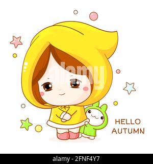 Greeting autumn card in kawaii style. Cute shy little girl in raincoat with his bunny friend. Inscription Hello autumn. Can be used with xmas card, st Stock Vector