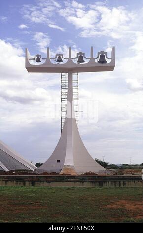 The capital Brasilia is located in the interior. The city was built in the 50s of the last century and completed in the 60s. The official buildings were designed by world-leading avant-garde architects, here the bell tower of the cathedral. [automated translation] Stock Photo