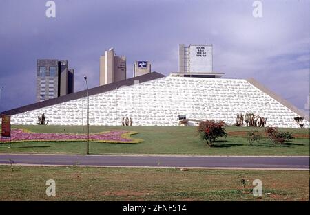 The capital Brasilia is located in the interior. The city was built in the 50s of the last century and completed in the 60s. The official buildings were designed by the world's leading avant-garde architects, here the National Theatre. [automated translation] Stock Photo