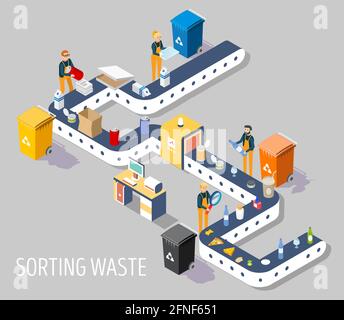 Waste sorting plant, vector flat isometric illustration Stock Vector