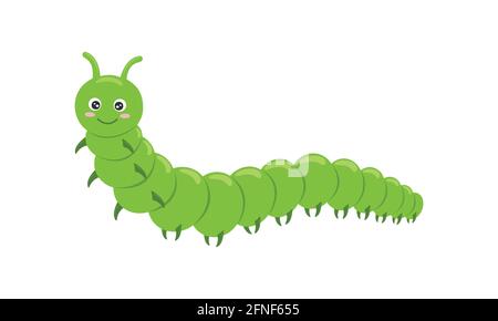 Cute green caterpillar character isolated on white background. Funny insect for kids. Vector cartoon illustration. Stock Vector