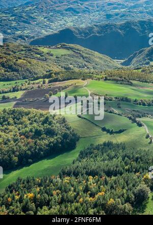 Bird's eye view on woodland and cultivated fields from the top of the Stone of Bismantova. Reggio Emilia province, Emilia Romagna, Italy. Stock Photo