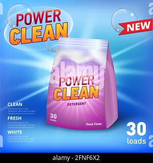 Advirtising template for laundry detergent in soft package container, with realistic soap foam and soap bubbles. Sun flare light. Stock Vector