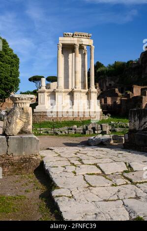 Rome. Italy. Remains / reconstruction of the Temple of Vesta (Tempio di Vesta) in the Roman Forum (Foro Romano). Stock Photo