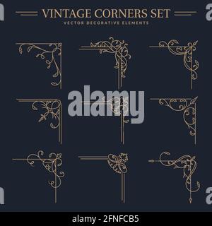 Vintage golden corners with different shapes. Set of isolated decorative angle borders. Flourish vector designs for greeting card, book page, menu etc Stock Vector