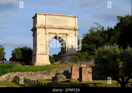 Rome. Italy. The Arch of Titus (Arco di Tito) 1st C AD, on the Via Sacra of the Roman Forum. Constructed by Roman Emperor Domitian to commemorate his Stock Photo