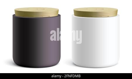 Modern style round ceramic containers, covered with a wooden lid. Vector illustration of white and black canisters standing on a white background. Stock Vector