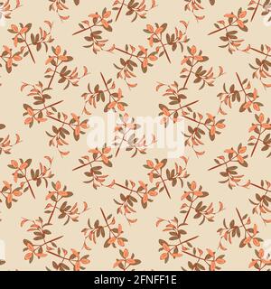 Drawing curved plant branches with leaves in pastel beige colors. Trendy outline seamless pattern wallpaper. Nature abstract background vector. Line a Stock Vector