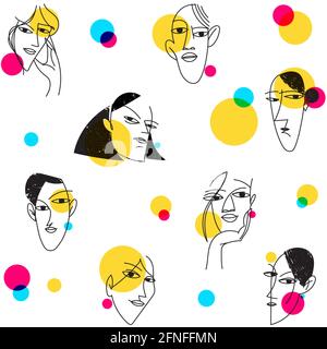 Seamless modern background with faces in cute pop art style. Stock Vector