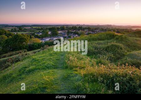 View over Nether Stowey from the Norman motte-and-bailey Stowey Castle at foot of the Quantock Hills, Somerset, England. Stock Photo