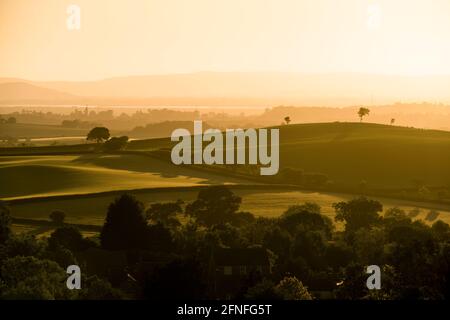 View over Pinnacle Hill from Stowey Castle at the foot of the Quantock Hills with the Mendip Hills beyond. Nether Stowey, Somerset, England. Stock Photo