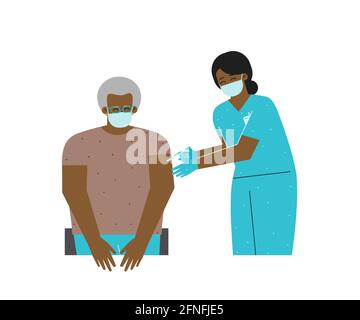 Vector isolated flat concept. Coronavirus (COVID-19) vaccination as immunization against SARS‑CoV‑2. African American nurse (woman) holds syringe, giv Stock Vector