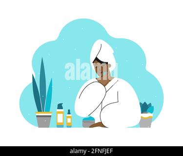 Vector isolated concept with smiling African American young woman in bathroom, wearing in towel and bathrobe. Skin care routine. Using cosmetic Stock Vector