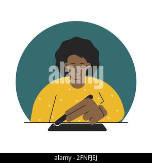 Vector isolated flat illustration. African American designer (female) draws illustration on graphics tablet, uses stylus, sits at table. Woman is lear Stock Vector