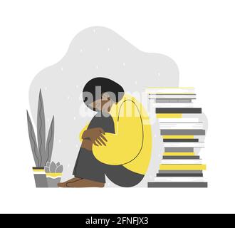 Vector flat concept with tired student (female) sitting and hugging her knees. African American woman is in depressed mood, try to keep mental health Stock Vector