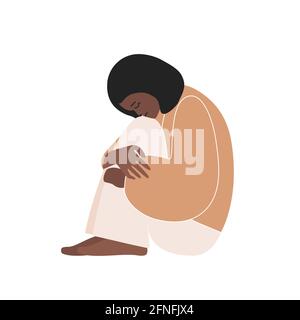 Vector flat concept with sad African American woman sitting and hugging her knees. Girl is in depressed mood, needs to keep mental health. She feels p Stock Vector