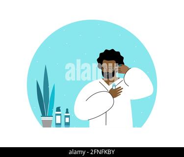 Vector flat isolated concept. Smiling African American man in bathroom, he is wearing in white bathrobe. Daily skin care routine. Guy cleans his face, Stock Vector