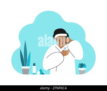 Vector flat isolated concept with pretty Asian woman in bathroom, wearing in white bathrobe and using cosmetic products. Daily skin care routine. Kore Stock Vector
