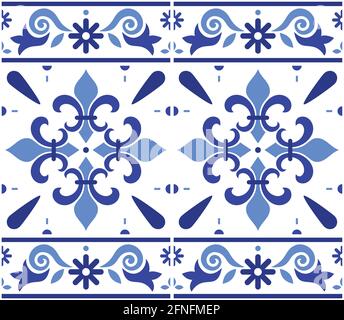 Portuguese Azulejo tile seamless vector decrative pattern with fleur de lis motif, navy blue geometric design with frame or border Stock Vector