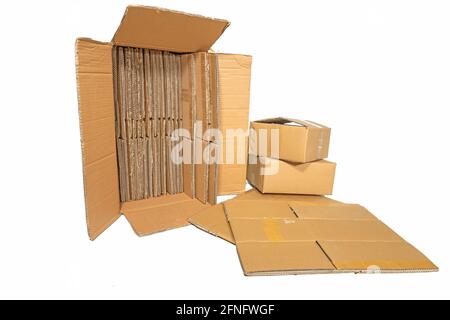 Several cardboard boxes of different sizes isolated on white Stock Photo