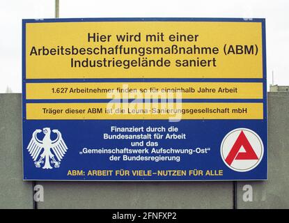 Saxony-Anhalt / GDR-Country / Economy / Leuna 1994 This was once the birthplace of Germany's major chemical industry. Now the plant is run down and most of it will be demolished. The area will be used by different companies. Redevelopment at the expense of the unemployment insurance Sign: ABM-Arbeitsbeschaffungs-Massnahmen, heißt Abriss // Industry / Chemistry / Decay / Treuhand / unemployed / Work [automated translation] Stock Photo