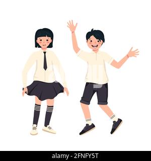 Boy and girl with dark hair, hairstyle and school uniforms. Happy smiling kids. Teenagers in smart black and white clothes. World children day Stock Vector