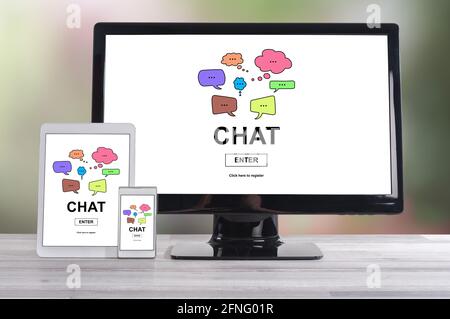 Chat concept shown on different information technology devices Stock Photo