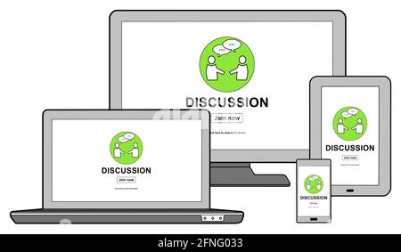 Discussion concept shown on different information technology devices Stock Photo