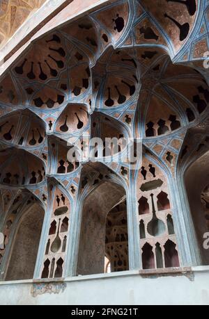 Deep niches in the Music Hall of the Ali Qapu Palace. Isfahan, Iran. Stock Photo