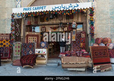 Carpet shop near the entrance of the Grand Bazaar. Isfahan, Iran. Stock Photo