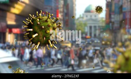 3D illustration flu coronavirus floating on street with people in Taipei modern city. Capital of Taiwan and pandemic Covid19 virus infection concept. Stock Photo