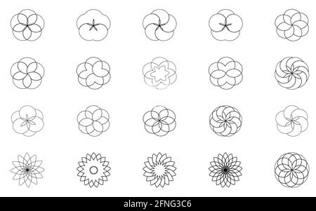 Icons Set Black White Colors Small Flowers Stock Vector