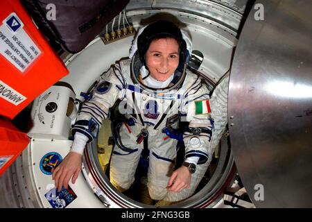 ABOARD THE INTERNATIONAL SPACE STATION - 06 June 2015 - European Space Agency (ESA) astronaut Samantha Cristoforetti checks her Sokol pressure suit in Stock Photo