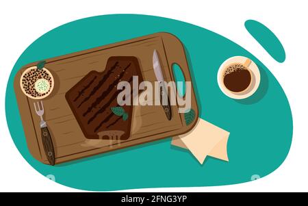 Grilled steak on wood board with sauce Dinner Stock Vector