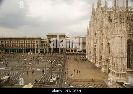 Europe, Italy, Lombardy, Milan, Piazza del Duomo, Cathedral, Duomo, Galleria Vittorio Emanuele panoramic view from the Palazzo del Novecento. Stock Photo