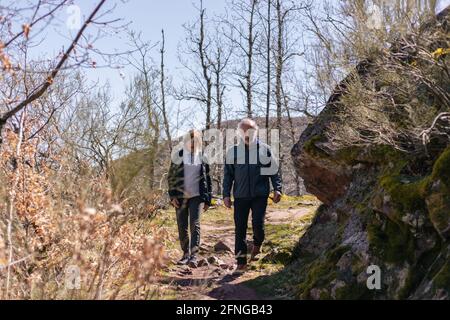Senior man and Woman hiking together in nature and walking down slope with leafless trees Stock Photo