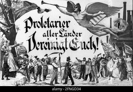 Berlin / Trade Unions / History / 1896 Posters and Newspaper Titles of the Workers' Movement for May DayMay Day Berlin / History / 1896 Posters and Magazines of the Workers' Movement: -Proletarians of all countries unite-, a Marx quote on a poster from 1896 // Trade Union / Workers' Movement / Social Democracy / SPD / Advertising / Art / Poster / Photographed Aprill 1989, Prussian State Archives *** Local Caption *** Trade Union / History / Poster -Proletarians of all countries unite- Quotation of Karl Marx // Working Class / social democracy / Art / [automated translation] Stock Photo