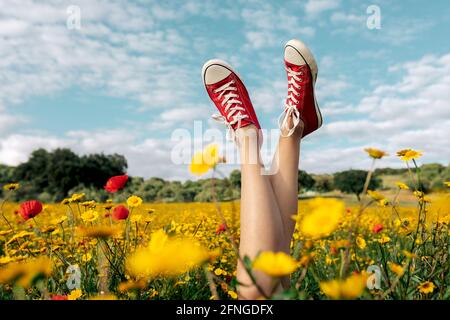 Crop unrecognizable female in bright footwear lying with crossed legs among blossoming daisies under cloudy blue sky in countryside Stock Photo