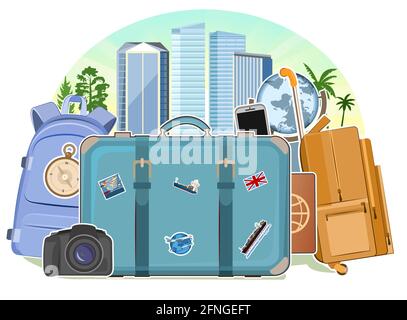 Tourism. Luggage suitcases. Traveling around the world. Design concept. City. Postcard, banner. Isolated. Travel and adventure elements with bags Stock Vector