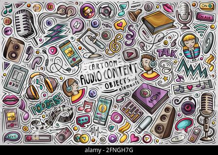 Colorful vector set of Audio content theme objects and symbols Stock Vector