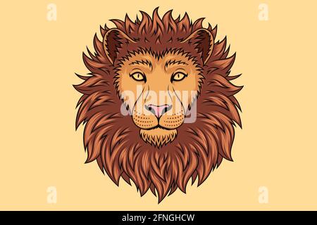 Gold lion head with golden eyes, isolated lion face. Predatory wildcat. Lion silhouette, logo and mascot. Vector illustration for graphic design Stock Vector