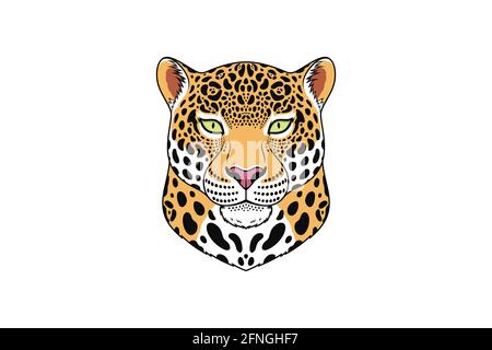 Jaguar head with green eyes, isolated jaguar face. Panther, predatory wildcat. Jaguar silhouette, logo and mascot. Vector illustration Stock Vector