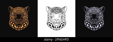 Gold, black and silver jaguar head, set of isolated outline jaguar face. Spotted panther, predatory wildcat. Jaguar silhouette, logo and mascot. Vecto Stock Vector