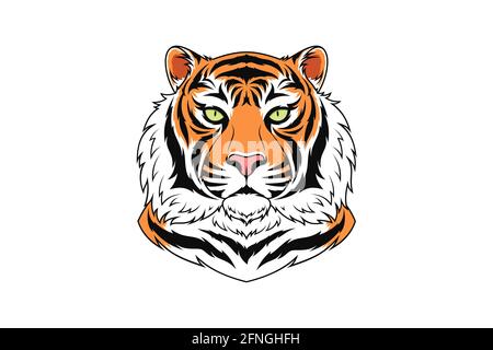 Bengal tiger head with green eyes, isolated tiger face. Predatory wildcat. Tiger silhouette, logo and mascot. Vector illustration for graphic design Stock Vector