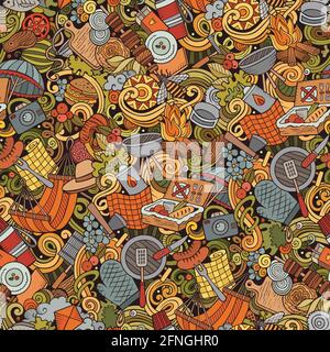 Picnic hand drawn doodles seamless pattern. BBQ background. Stock Vector