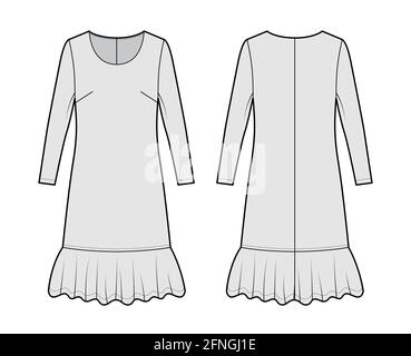 Dress dropped waist technical fashion illustration with long sleeves, oversized body, knee length skirt, round neck. Flat apparel front, back, grey color style. Women, men unisex CAD mockup Stock Vector
