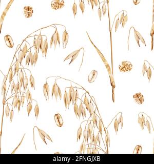 Seamless pattern with a branch of ripe barley and oat flakes on a white background. Harvest of cereals. Stock Vector