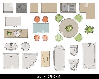 Furniture set floor plan architect design element graphic color top sketch aerial view isolated illustration vector Stock Vector