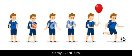 Schoolboy kid character different poses. Cute cartoon boy in uniform set. Smiling male child with backpack, holding textbooks, play on smartphone mobile game, back to school with flower and kick ball Stock Vector