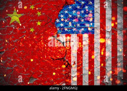 Grunge Us VS China national flags icon pattern isolated on broken cracked wall background, abstract international political relationship friendship di